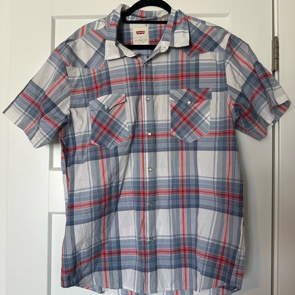 Levi's Men's Red and Blue Plaid Western Style Snap Button Down Shirt
